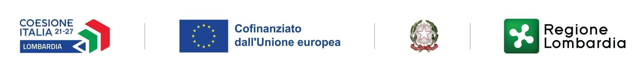 EU-funded Lombardy banner with logos: Coesione Italia/Lombardia, EU flag and 'Cofinanziato dall'Unione europea', Italian Republic emblem, and Regione Lombardia logo